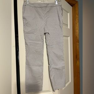 Womens S slide on skinny ankle cut dress pants, white with light blue pinstripes